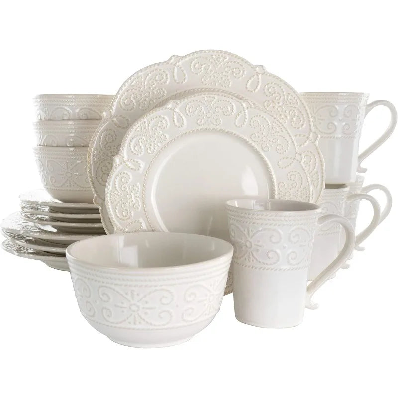 Round Decorated Scallop Embossed Dinnerware Dish Set, 16 Piece