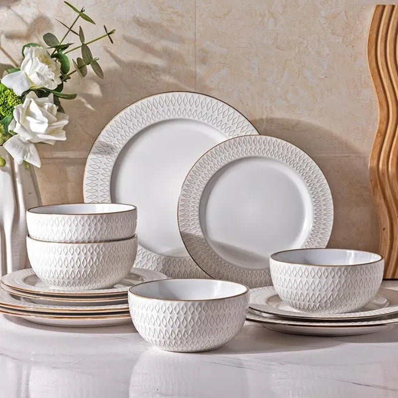 Embossed Elegant Stoneware Plates and Bowls Sets