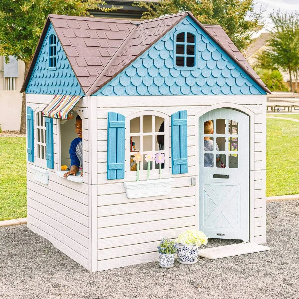 Plastic Outdoor Playhouse, Door with Mail Slot and Working Doorbell, Play Sink and Stove Combo, Toy Food, Pans, and Utensils