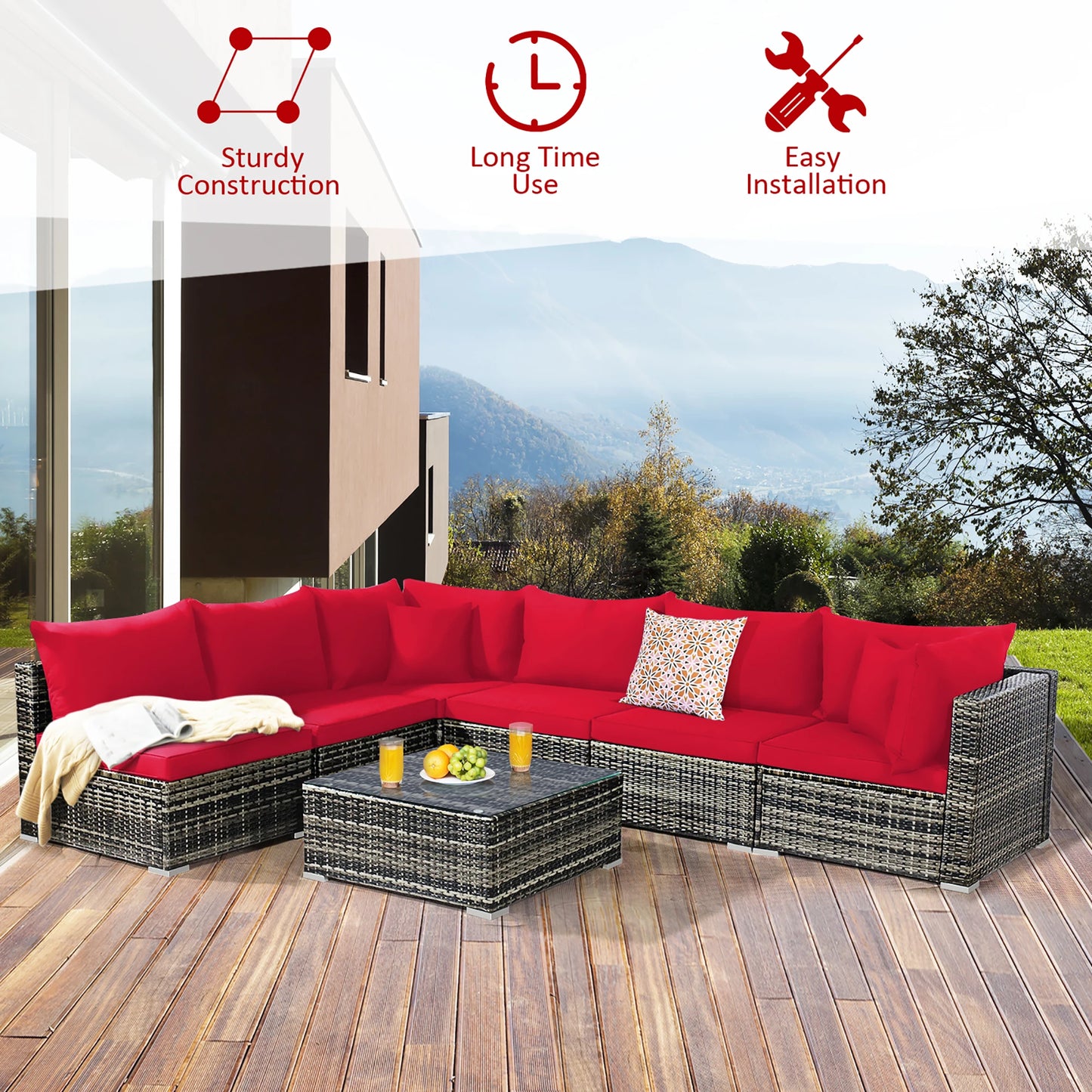 7-Piece Red Cushion Rattan Sectional Sofa Patio Set