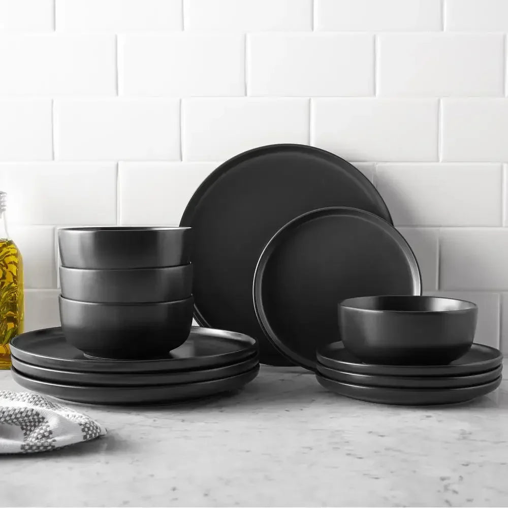 Matte Black Stoneware Dinnerware Set Chic Minimalist Design 12-Piece Set