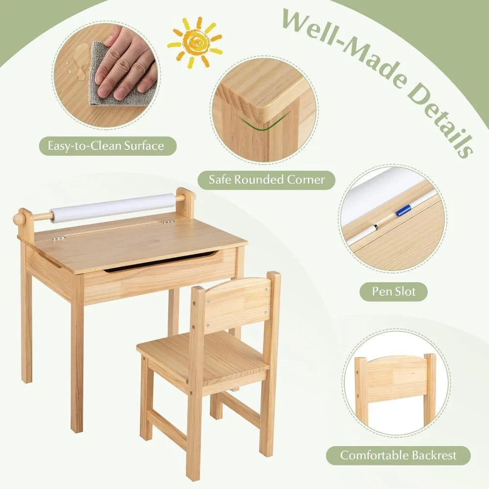 Kid's Wooden Lift-Top Desk & Chair Activity Table Set with Storage, Paper Roll Holder & Pen Slot