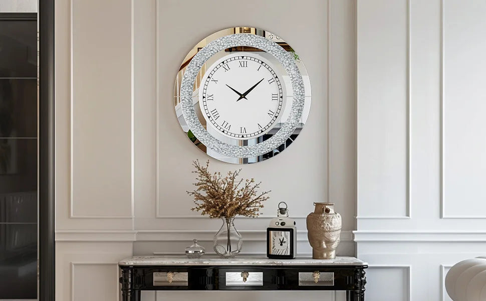 24inch Crystal Sparkle Crush Diamond Large Mirrored Wall Clock