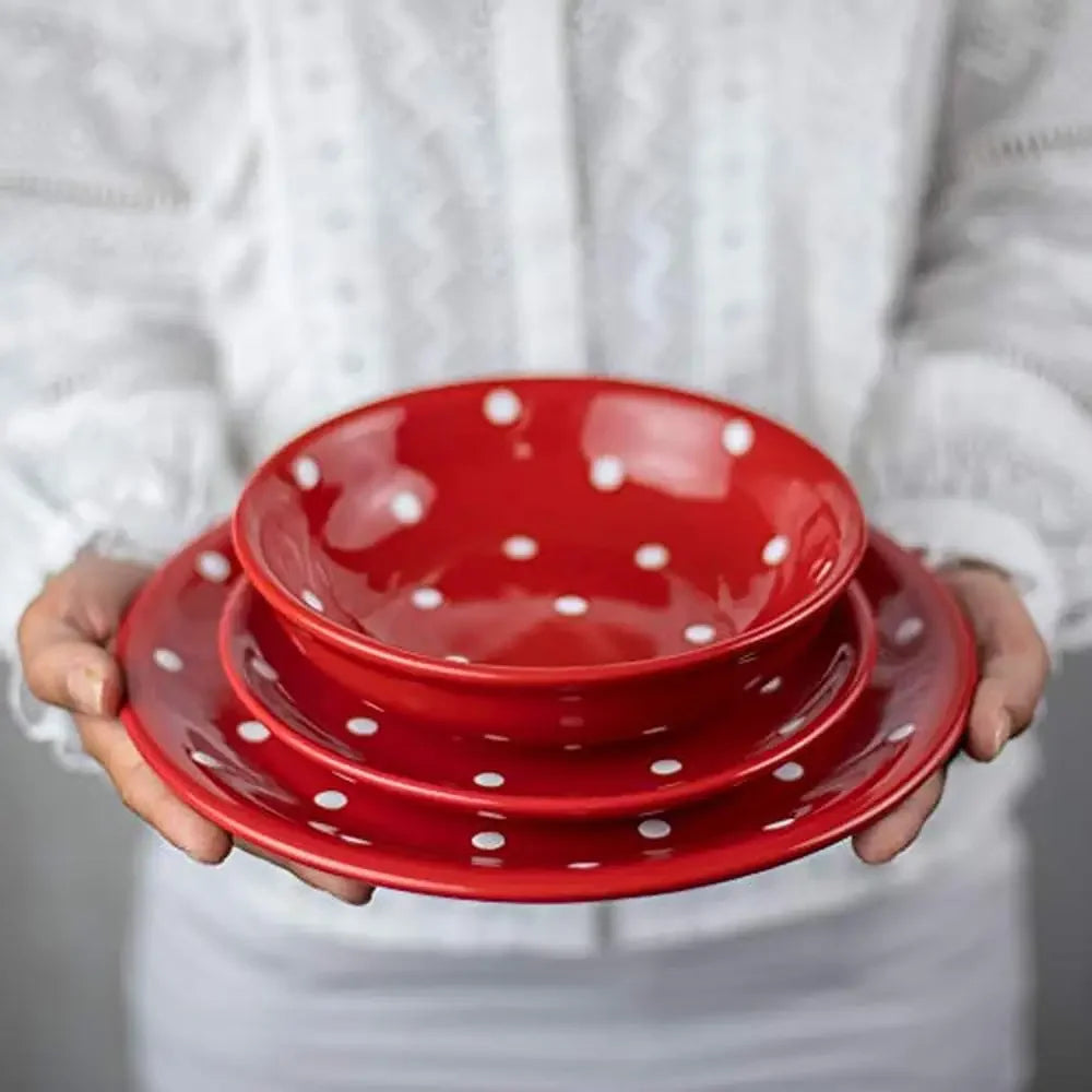 12 piece Red Polka Dot Handmade Ceramic Dinnerware Set