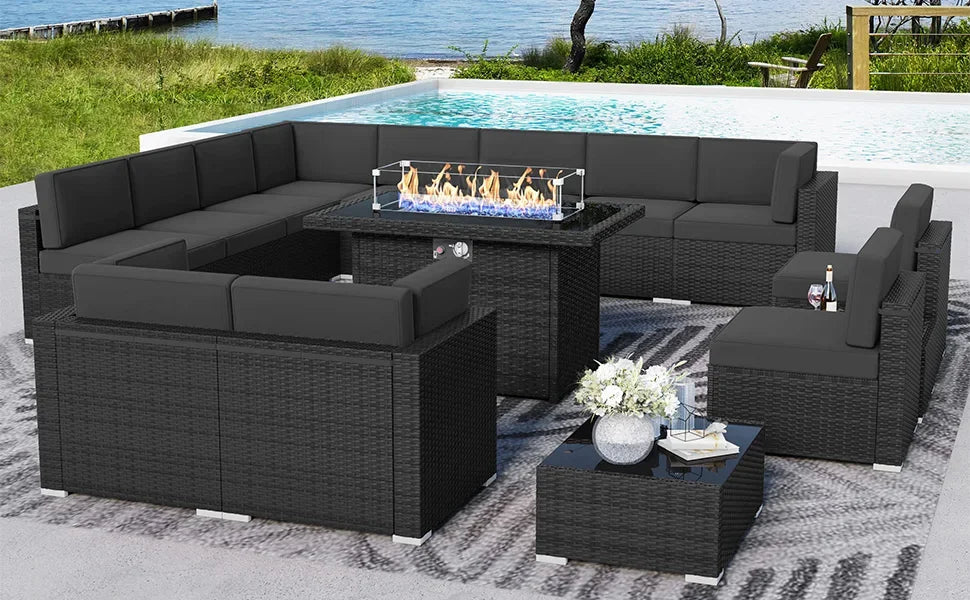 15 Piece Patio Furniture Set with Fire Pit Table