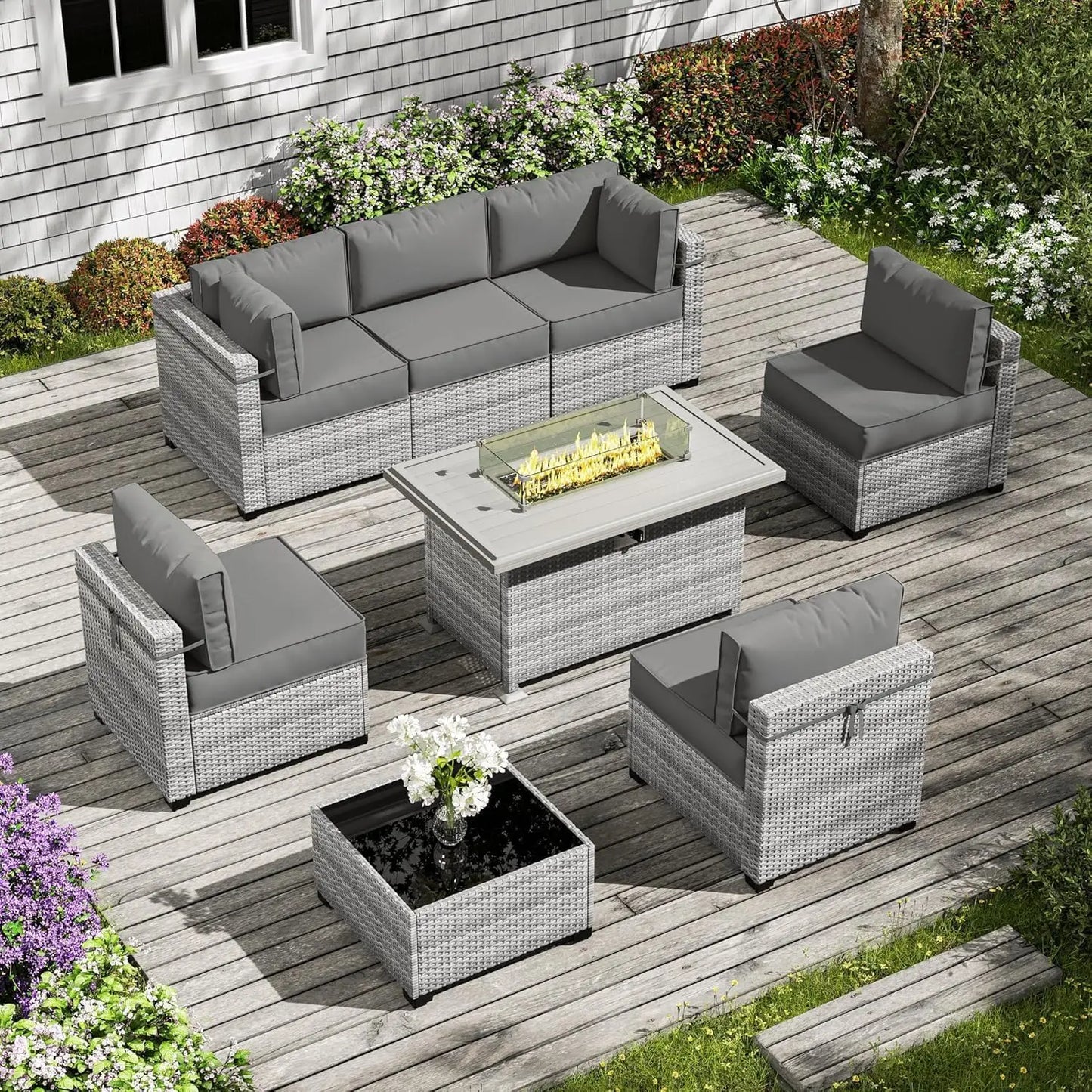 8 Piece Wicker Patio Furniture Set Includes 4 Center Sofas, 2 Corner Sofas, 1 Gas Fireplace Table, And A Tempered Glass Coffee Table