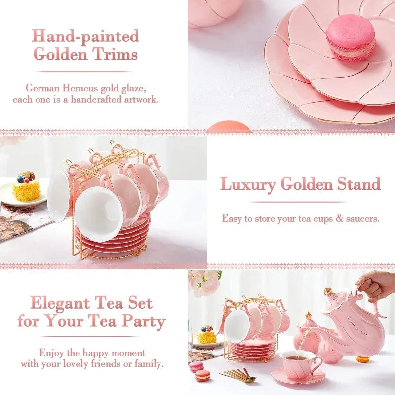 22 pcs Porcelain Tea Set for 6, Luxury British Style Tea/Coffee Cup Set with Golden Trim