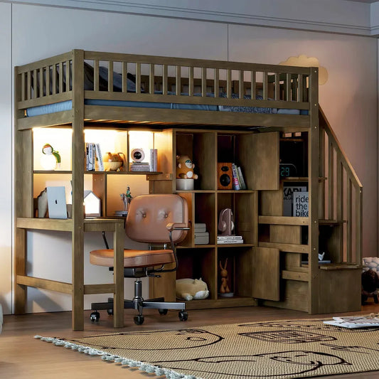 Wood Twin Size Loft Bed with Built-in Desk