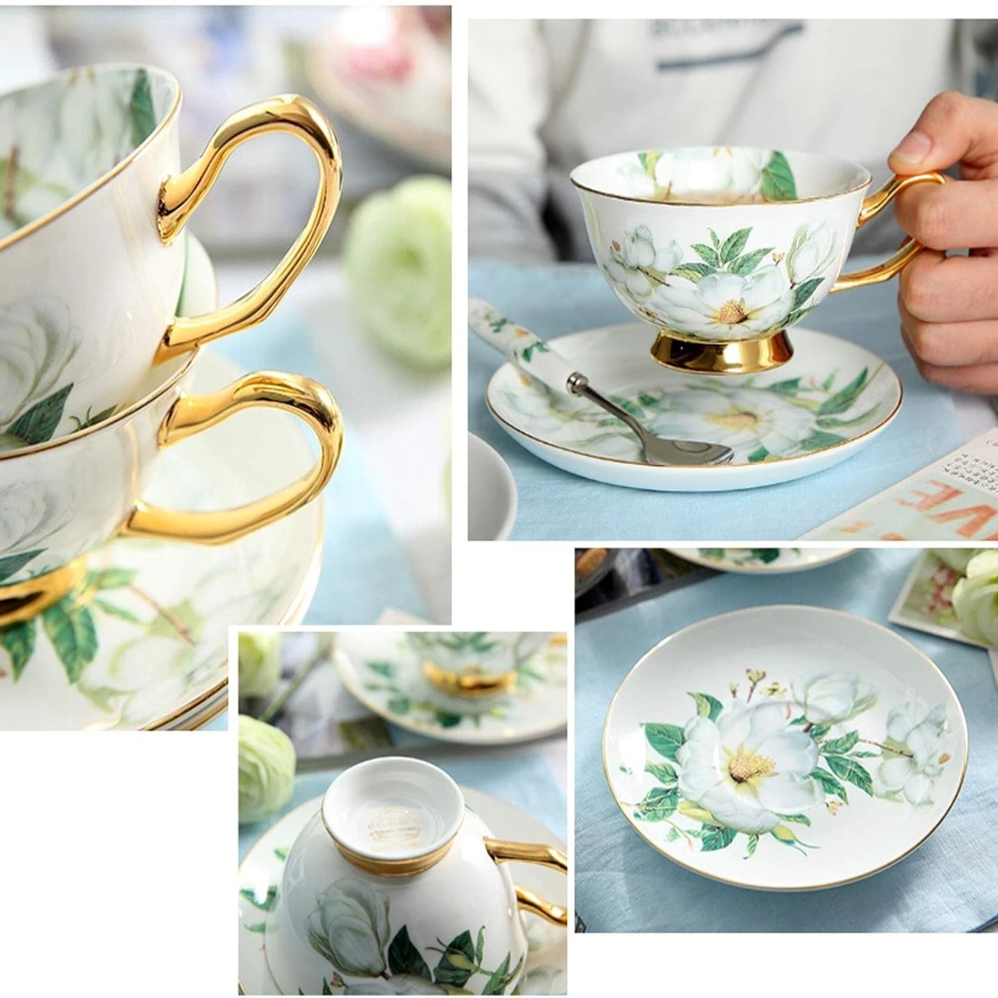 Elegant Vintage Floral Ceramic Mug and Saucer Set with Gold Trim