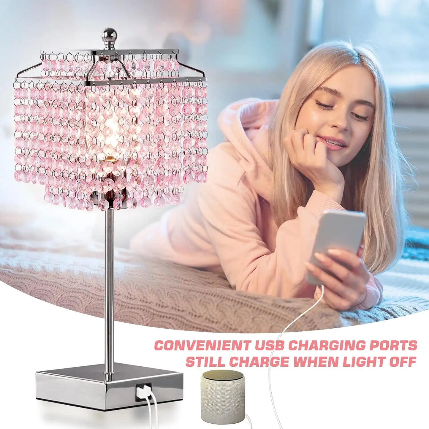 Set of 2, Pink Crystal Bedside Table Lamps, Touch Control , 3-Way Dimmable