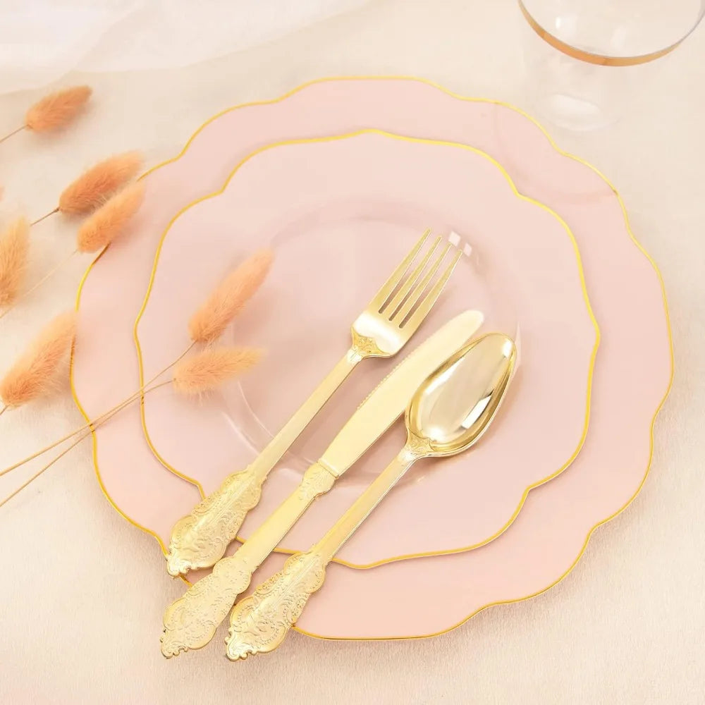 175PCS Pink Pink Plates with Gold Disposable Silverware - Include 50 Plates,25 Knives,25 Forks,25 Spoons,25 Cups and 25 Napkins