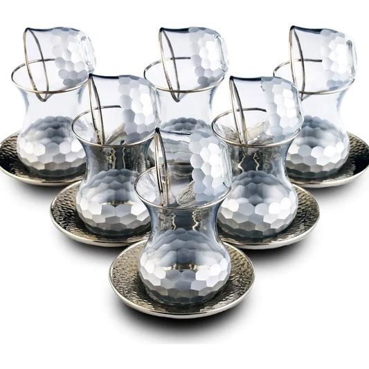 Turkish Tea Set of 18 pcs, 6 Turkish tea cups, 6 Turkish coffee cups and (6) metal tea cup saucers