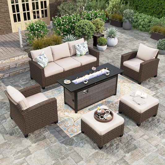 6 Pieces Outdoor Wicker Conversation Set with Fire Pit Table