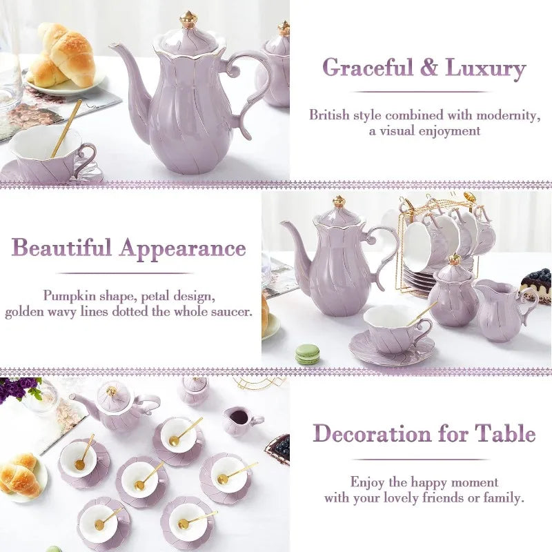 22 pcs Porcelain Tea Set for 6, Luxury British Style Tea/Coffee Cup Set with Golden Trim