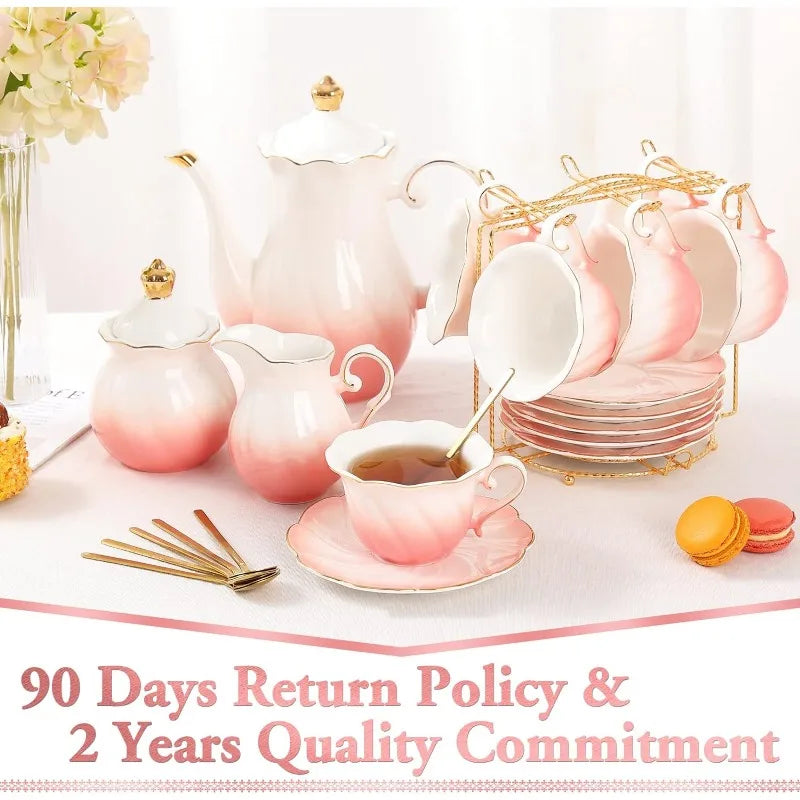 22 pcs Porcelain Tea Set for 6, Luxury British Style Tea/Coffee Cup Set with Golden Trim