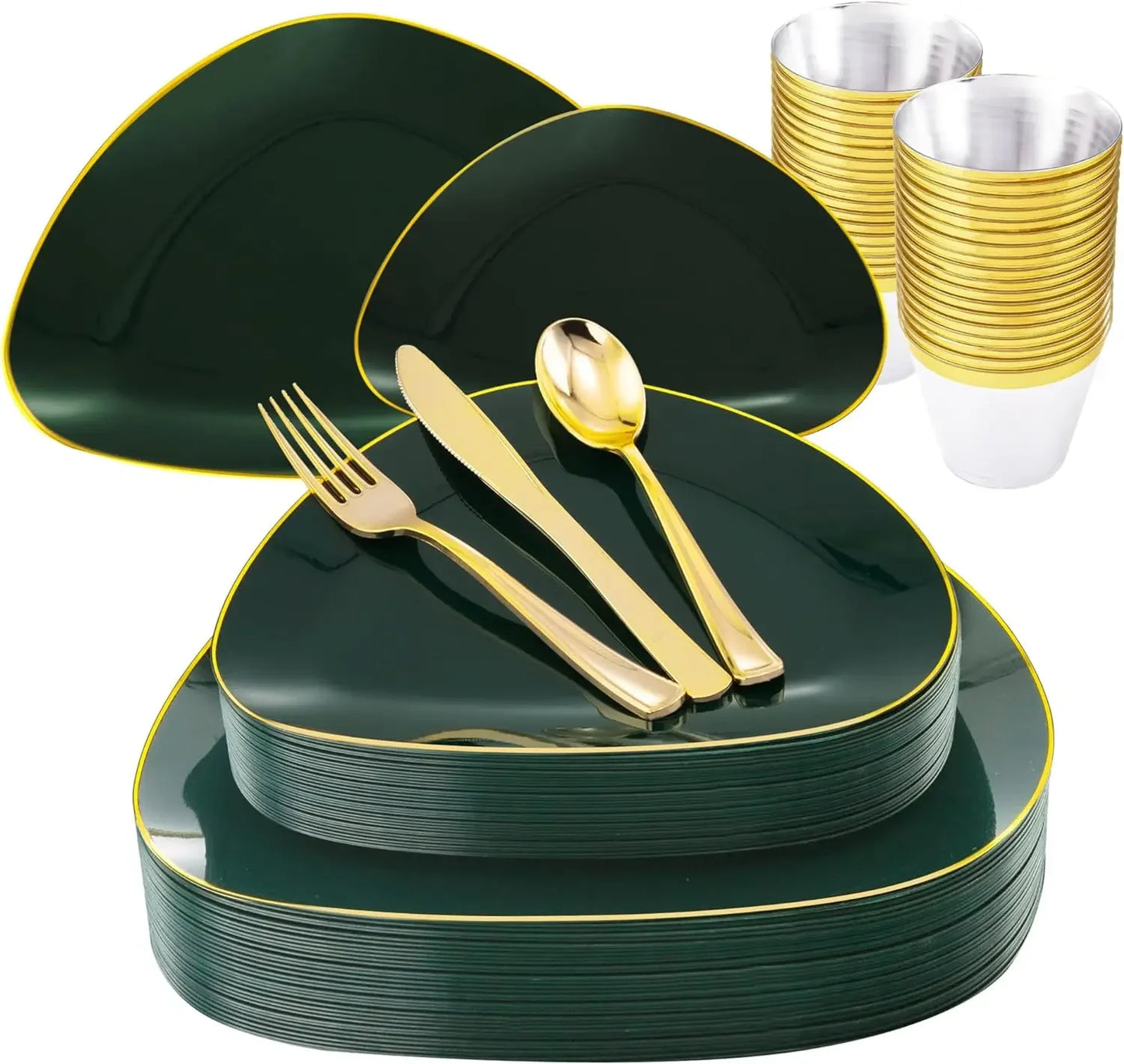 180Pcs Green/ Gold Disposable Dinnerware Set with Gold Tableware