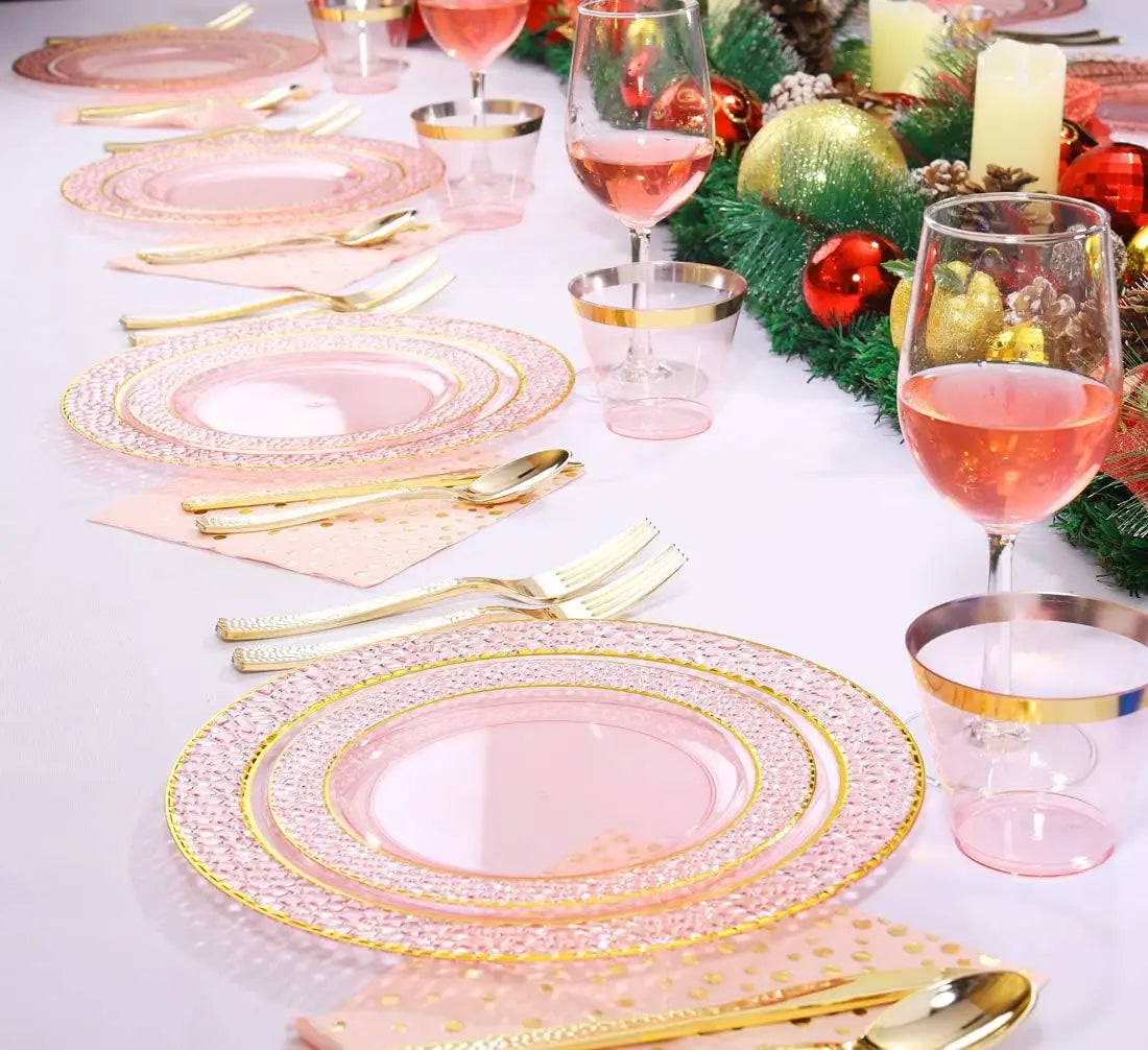 175PCS Pink and Gold Disposable and Reusable Plastic Plates Set