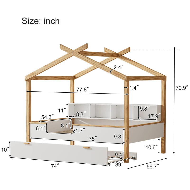 Wooden House Bed Frame for Kids with Ample Storage Options, Roof Design