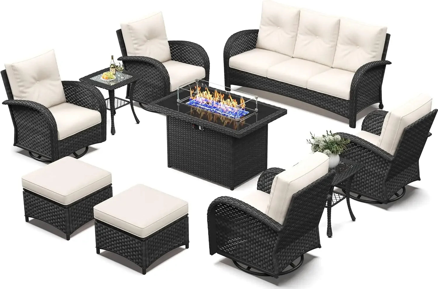 10 Piece Wicker Rattan High Back Patio Furniture Set with Fire Pit Table