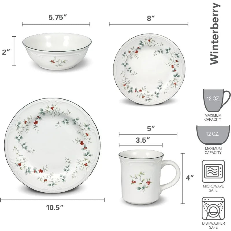 Winterberry Holiday 16 Piece Dinnerware Set, Service for 4, White