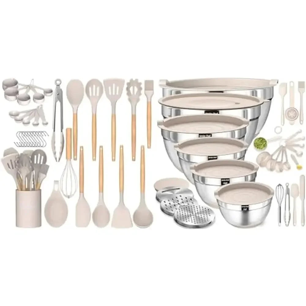 33-Piece Wooden Handle Silicone Kitchen Utensils Set