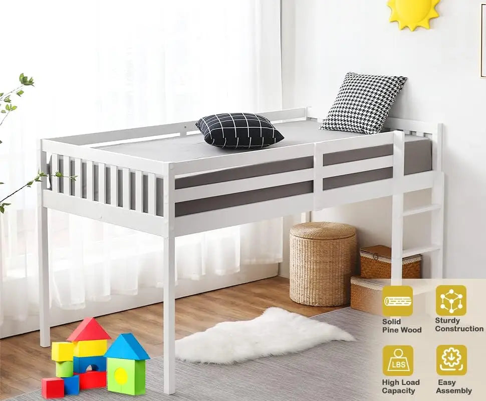 Twin Over Twin Solid Wood Bunk Bed Frame with Ladder and Guard Rail Space