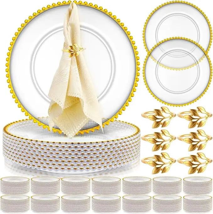 50 piece Clear 13 Inch Plastic Beaded Charger Plates - Gold Trim or Silver Trim options
