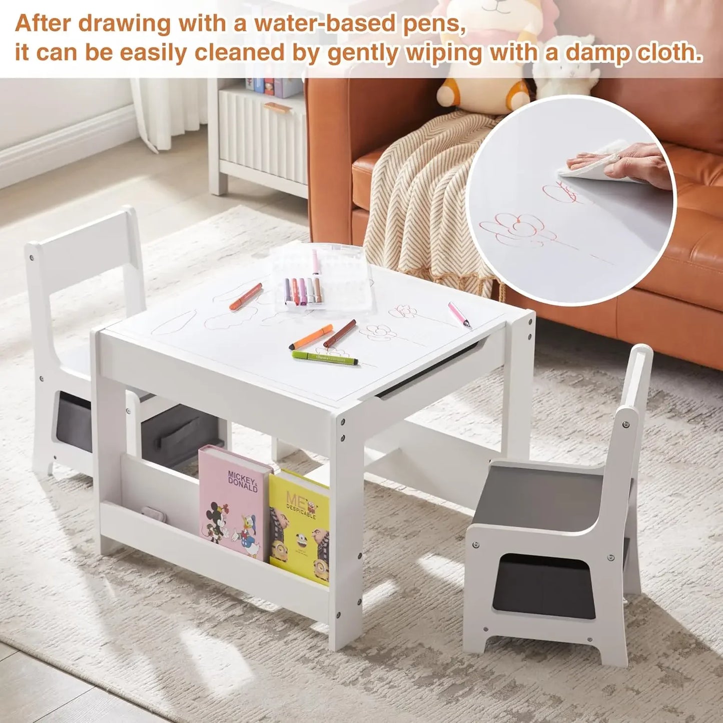 Kid's 3 in 1 Wooden Activity Table and Chair Set, with Bookshelves and Storage Drawer