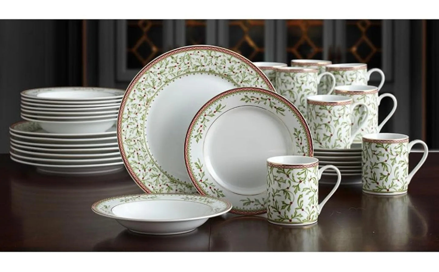 Mikasa Holiday Traditions Dinnerware Set with Mugs (16 Piece), Green, White