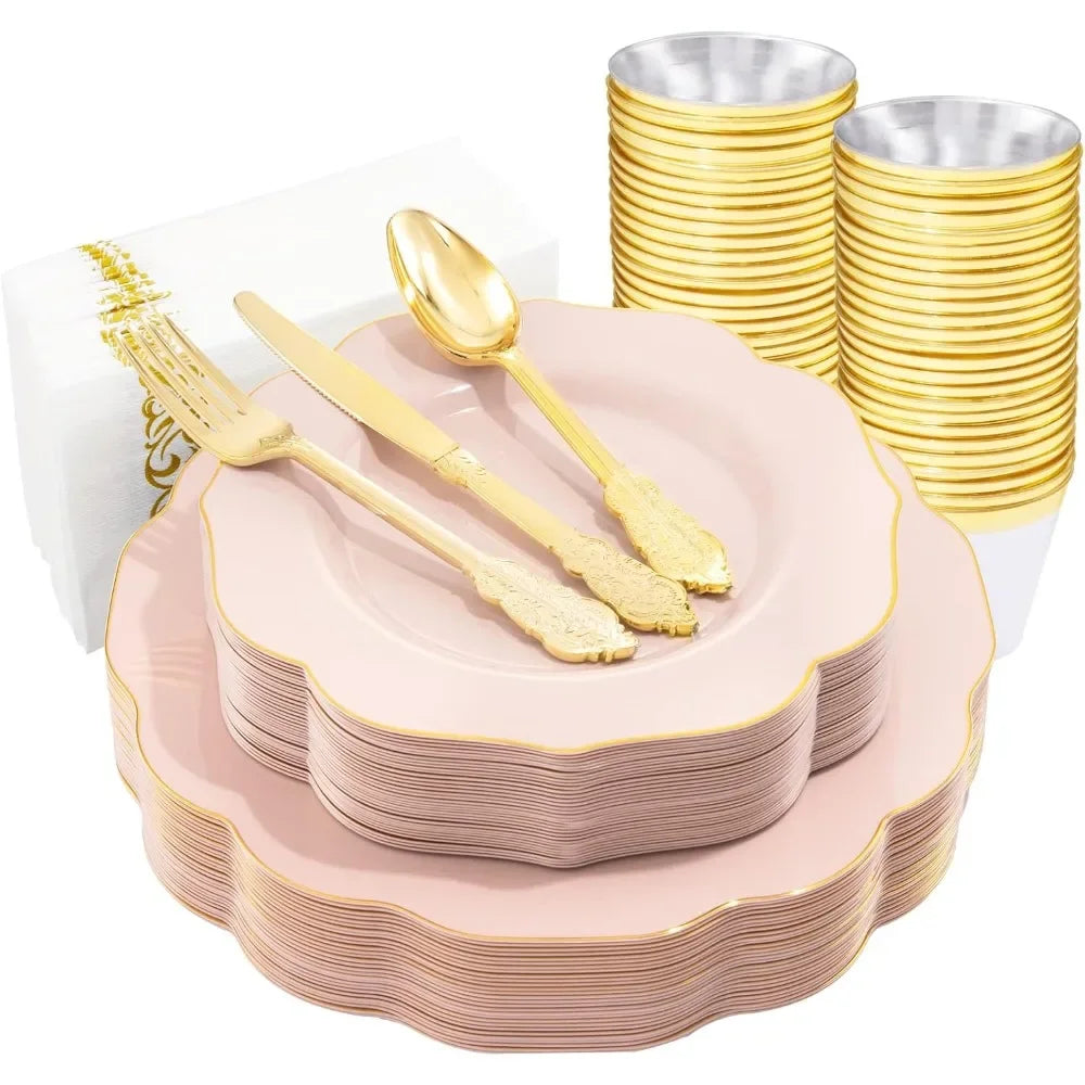 175PCS Pink Pink Plates with Gold Disposable Silverware - Include 50 Plates,25 Knives,25 Forks,25 Spoons,25 Cups and 25 Napkins