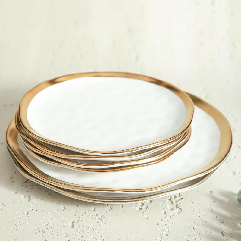 Porcelain 16 Piece Dinnerware Set, Service for 4, Golden Rim