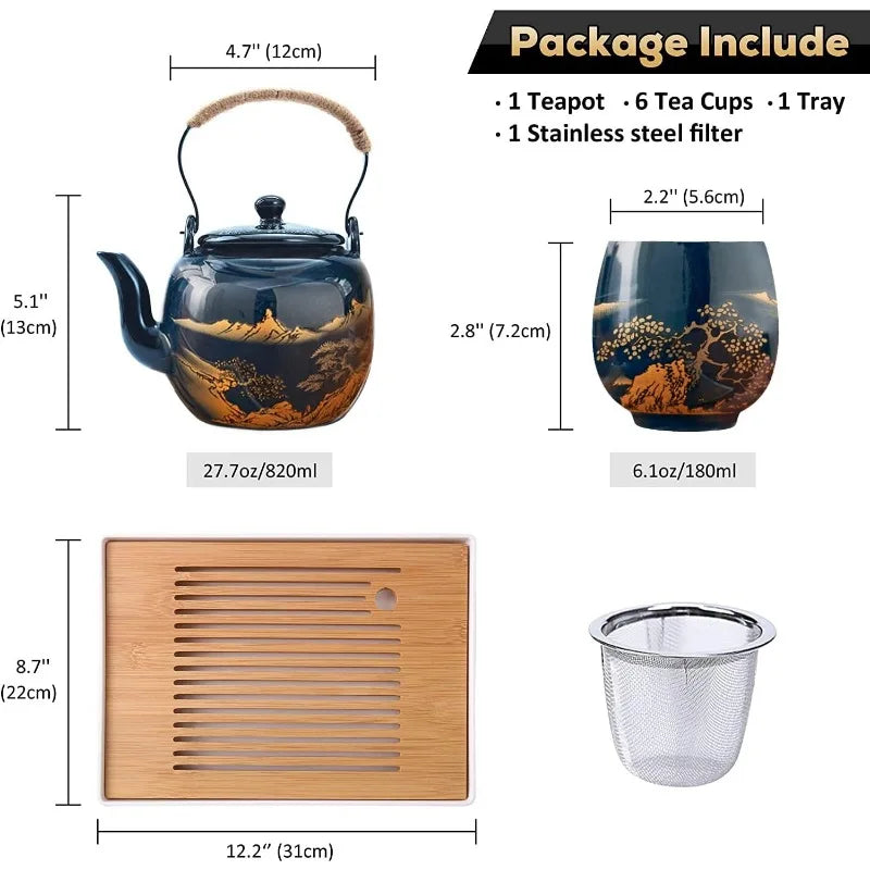 Glazed Tea Set in Gift Box with 1 Teapot, 1  Strainer, 1  Tray and 6  Cups