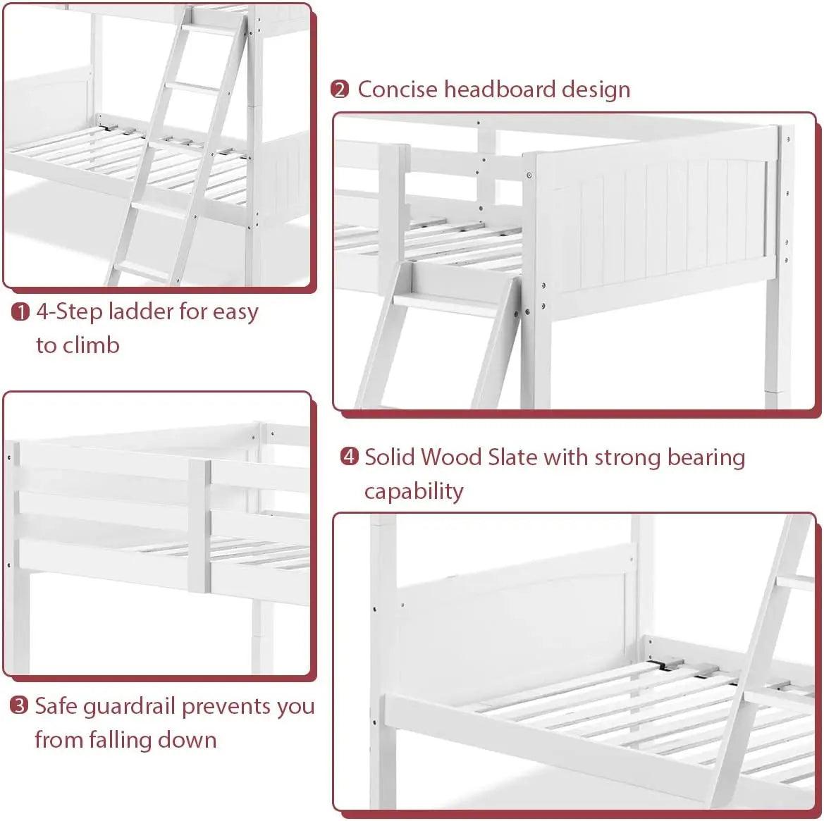 Wood Twin Over Twin Bunk Beds with Ladder and Safety Rail (White)