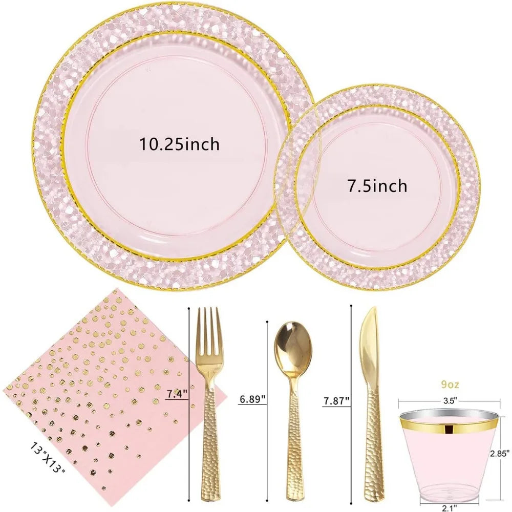 175PCS Pink and Gold Disposable and Reusable Plastic Plates Set