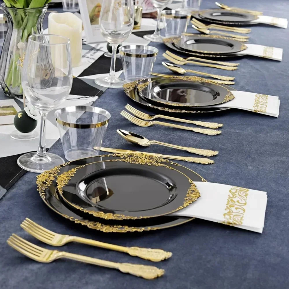 350 piece black and gold plastic plates with gold plastic silverware, disposable cutlery for weddings and parties