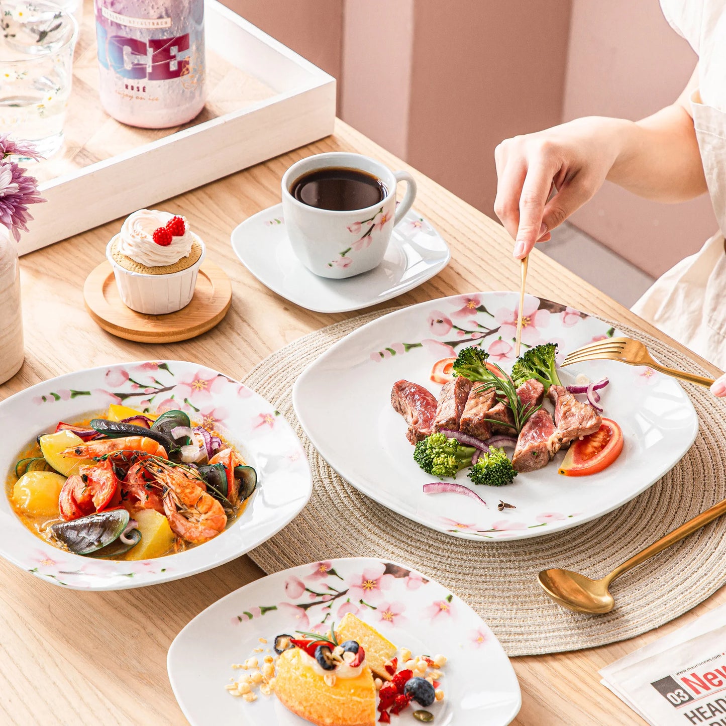 VEWEET ANNIE 60-Piece White Ceramic Pink Floral Porcelain Plate Set