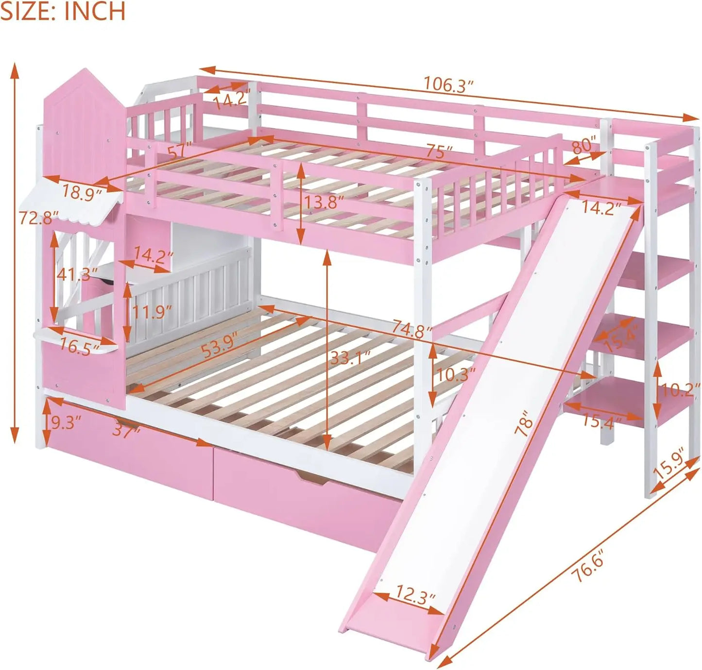 Kid's Bunk Bed Full Over Full With Drawers And Slide And Staircase,