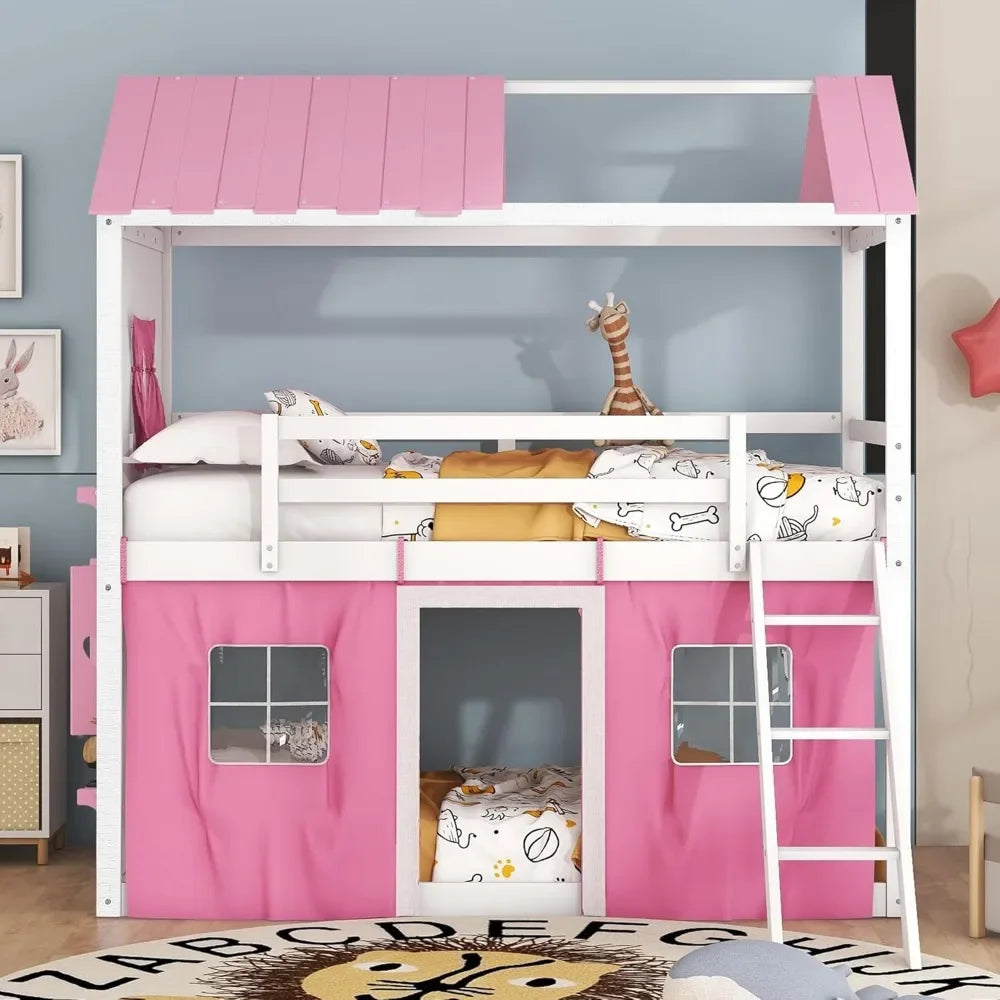 Kids House Loft Bunk Bed with Tent, Ladders, Guardrail, Windows & Roof