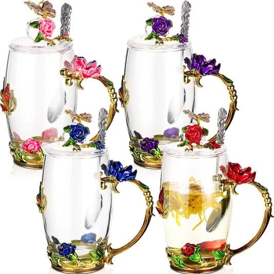 (12 Oz) 4 pcs Flower Tea Cups with Lids/ Spoons