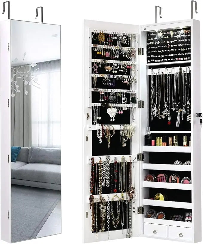 Lockable Large Jewelry Organizer Cabinet with Full-Length Mirror, 2 LEDs