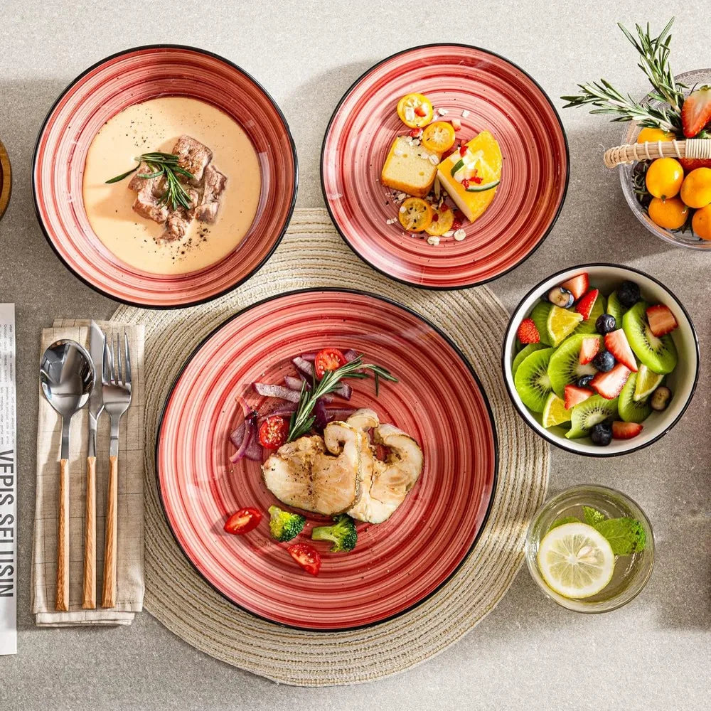 Red 24 Piece Hand-painted Spirals Pattern Stoneware Dinner Set