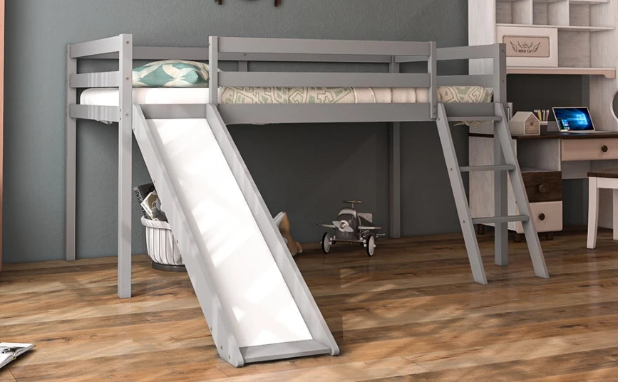 Kids Wood Twin Loft Bed Frame with Climbing Ladder & Storage Space for