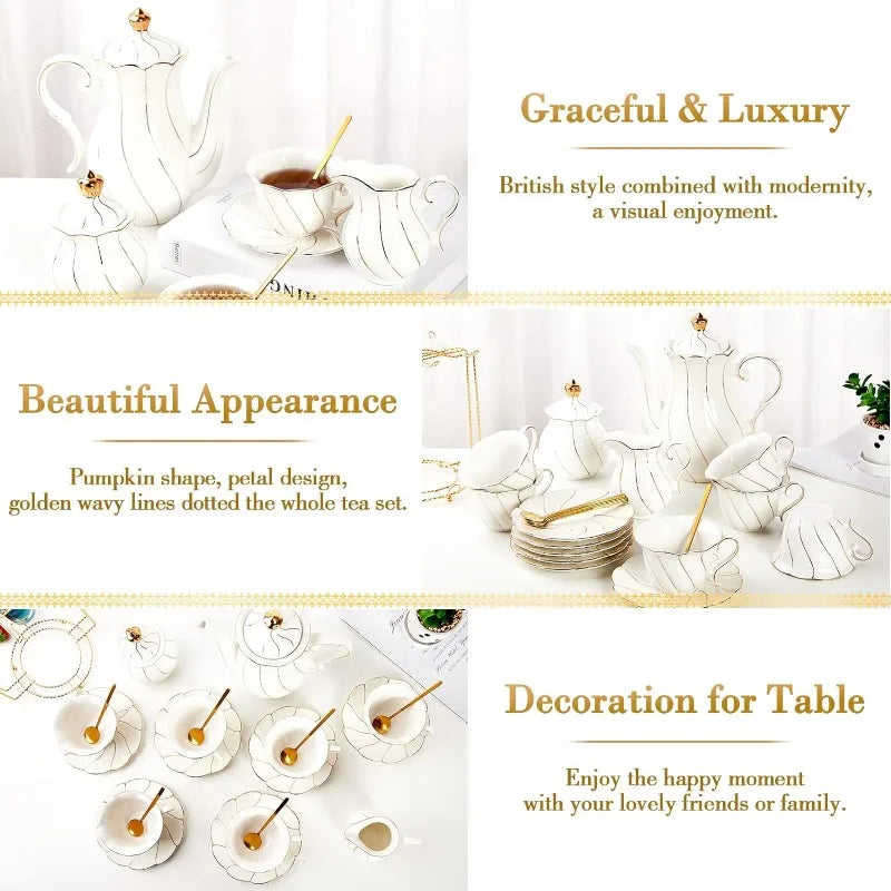 22 pcs Porcelain Tea Set for 6, Luxury British Style Tea/Coffee Cup Set with Golden Trim