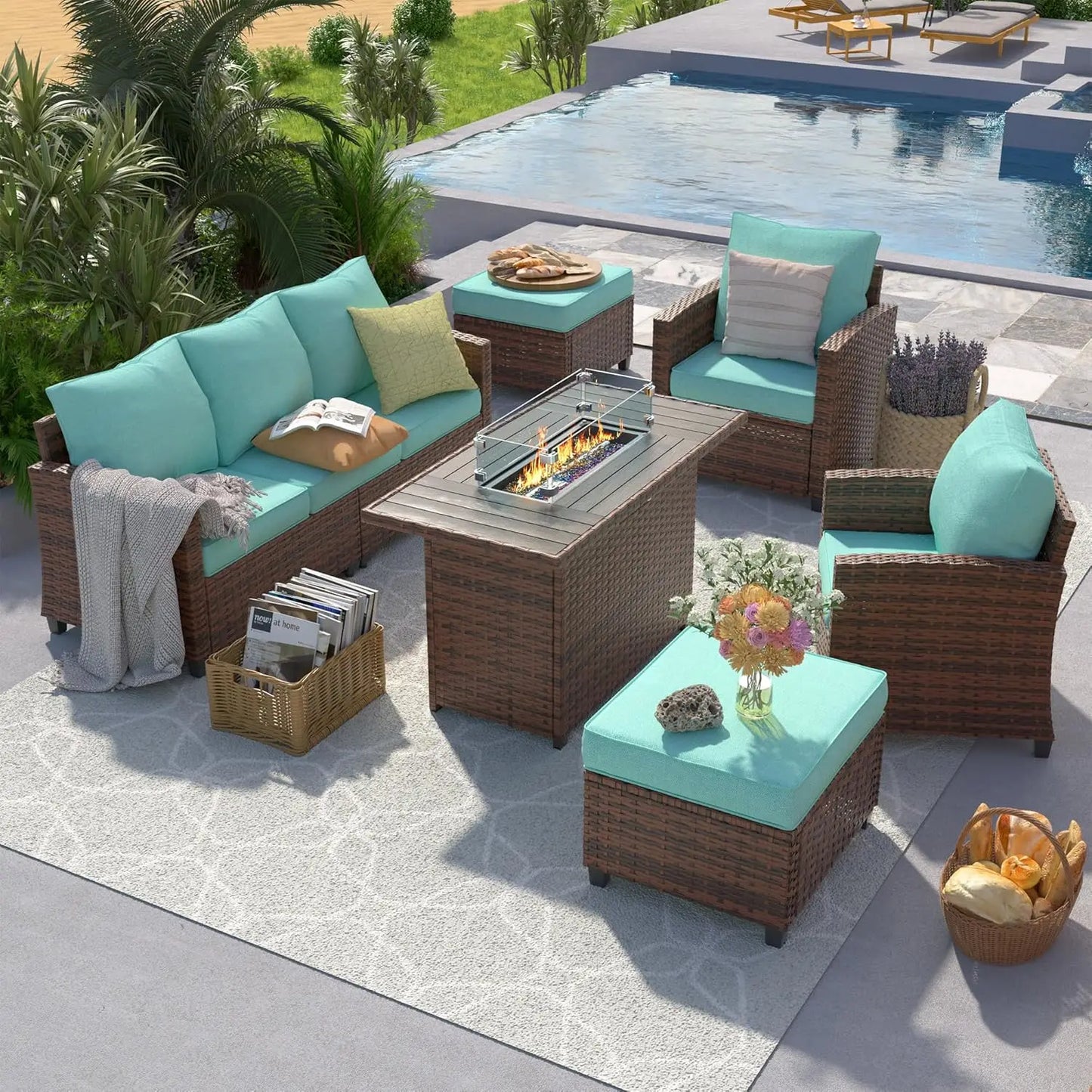 6 Pieces Sectional Conversation Patio Set with 44" Fire Pit Table