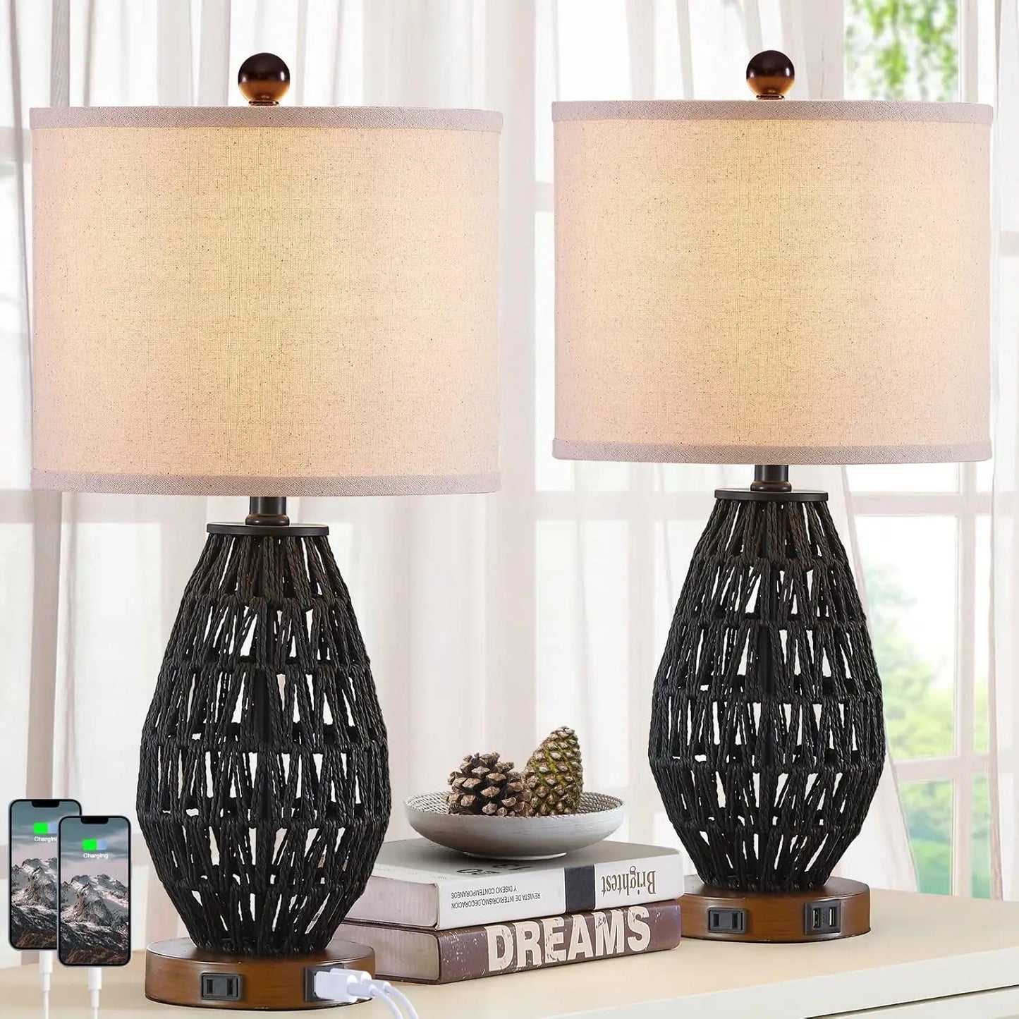 3 Way  Touch Control Rattan Table Lamps, Set of 2, with 2 USB Ports and AC Outlet