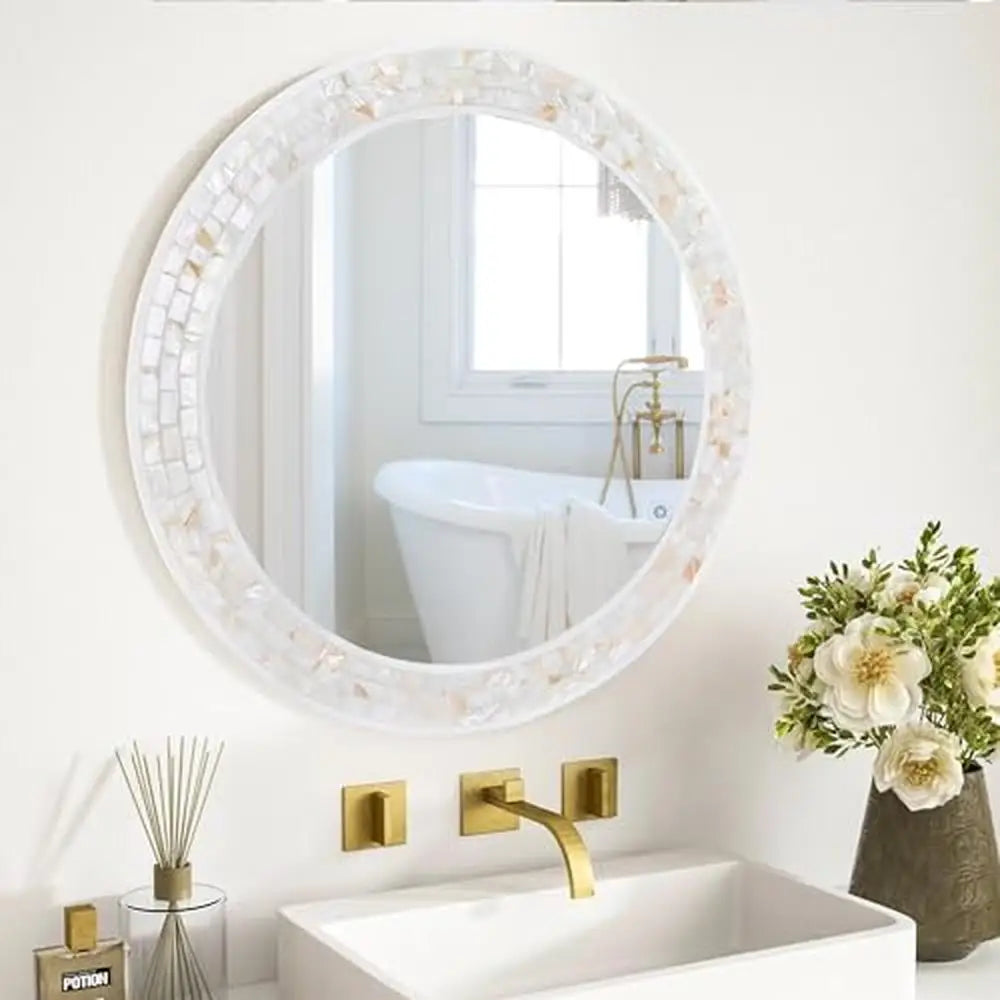 24 Inch Coastal Mother of Pearl Natural Shell Mosaic Wood Frame Wall Mirror