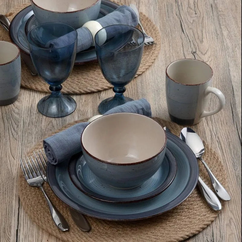 16 piece Sadie Dinnerware Set for 4, Dishwasher and Microwave Safe, Cream, Blue