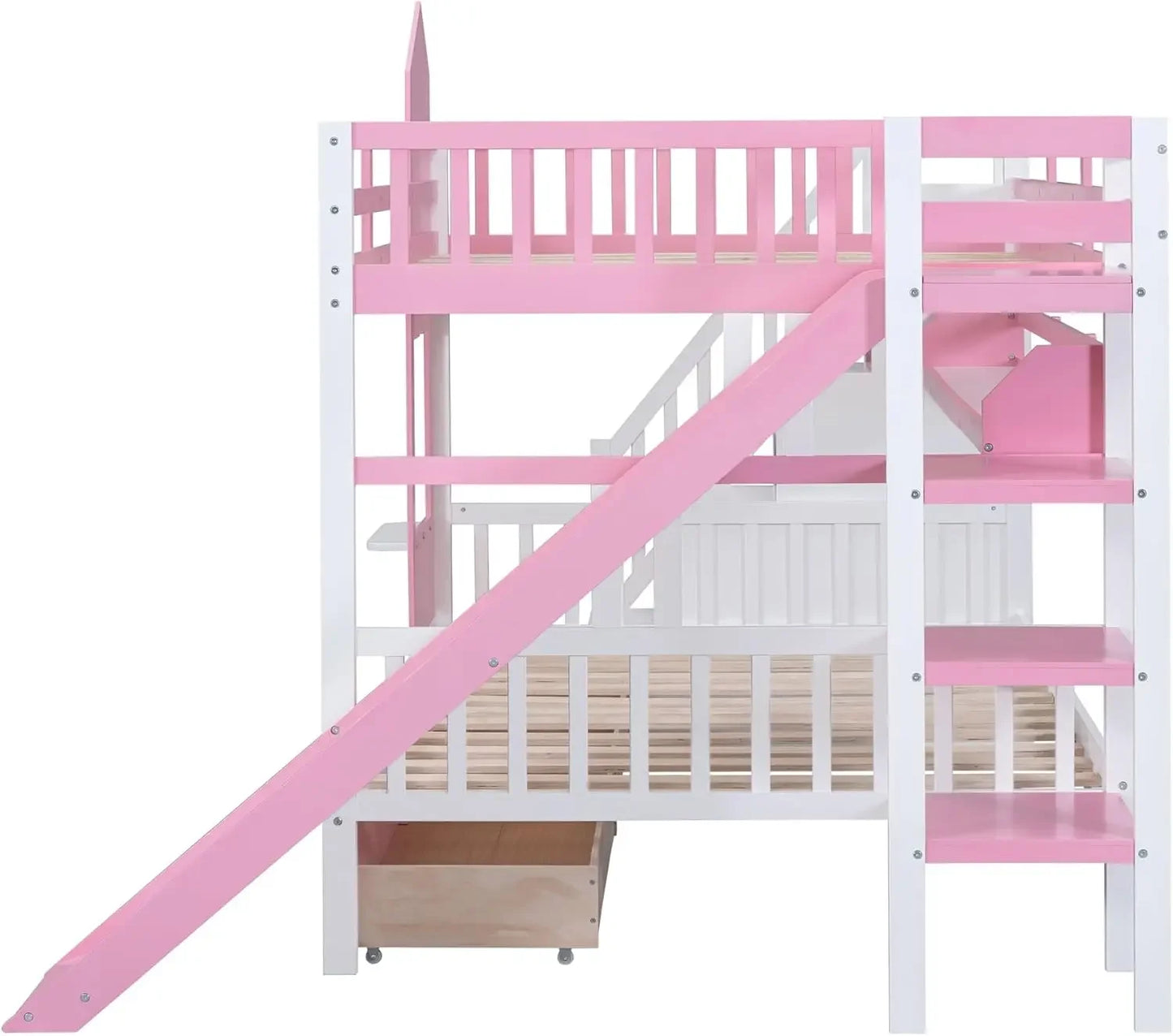 Kid's Bunk Bed Full Over Full With Drawers And Slide And Staircase,