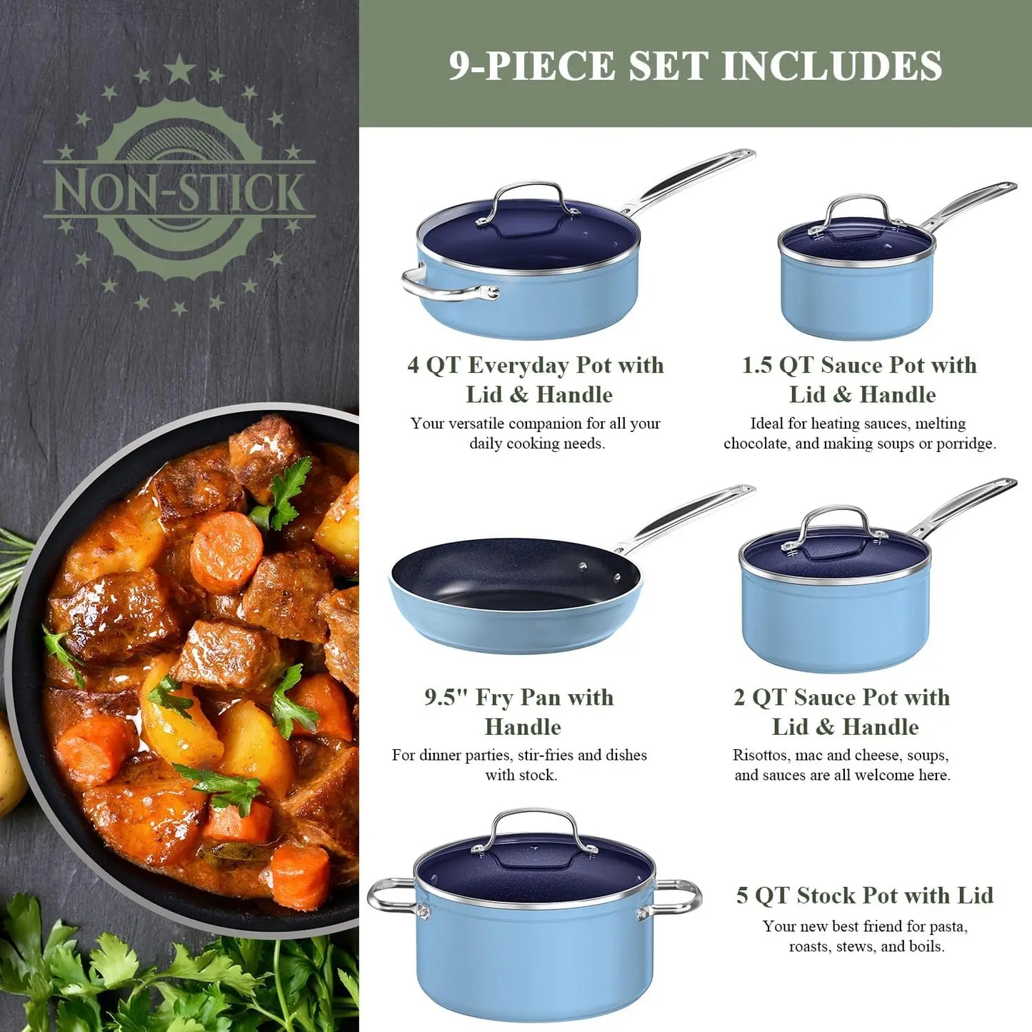 9Pc Healthy Duralon Blue Ceramic Nonstick Coated, Diamond Infused Scratch-Resistant, Cookware Set