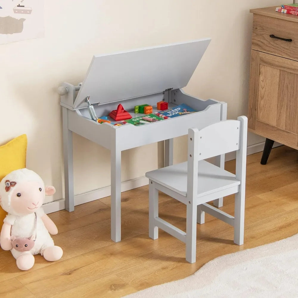 Kid's Wooden Lift-Top Desk & Chair Activity Table Set with Storage, Paper Roll Holder & Pen Slot